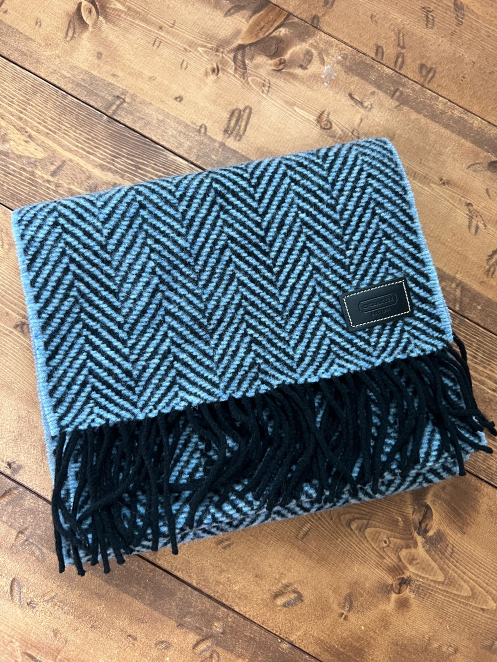 Coach Scarf Wool Cashmere Blend Herringbone Blue / Black Fringe